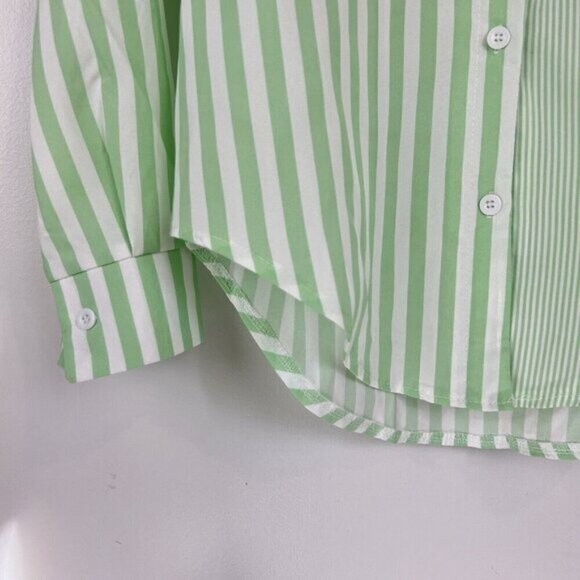Women's Striped Button Down Shirt Size M Cropped Louse Fit Blouse Green White - Picture 4 of 16